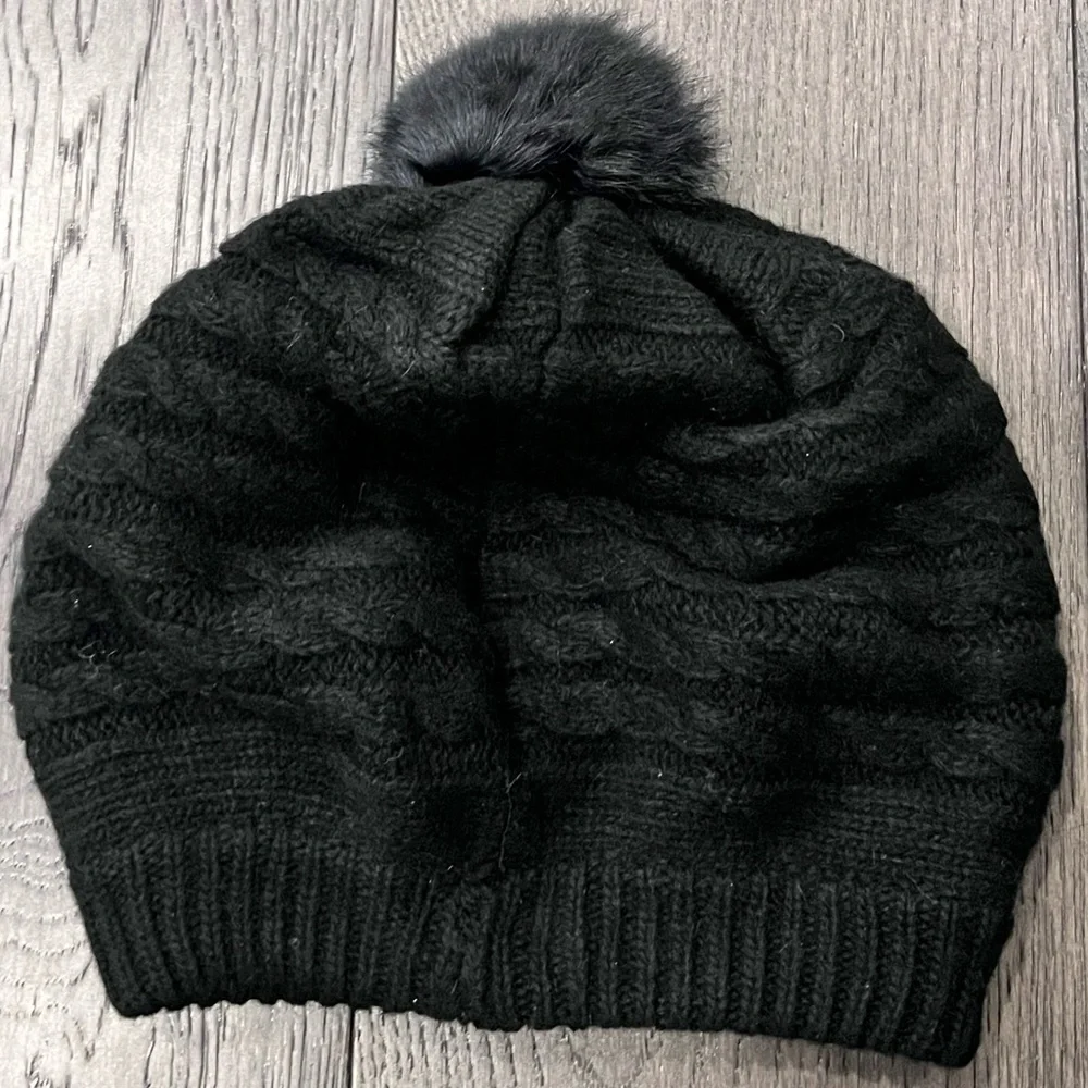 Black Pom Pom Knit Beret Hat with Rhinestone Snowflake Detail